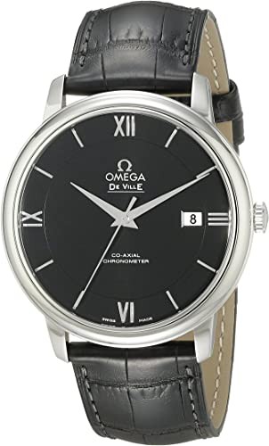 Omega Men's 42413402001001 Stainless Steel Watch, Black Leather Strap, Black//White
