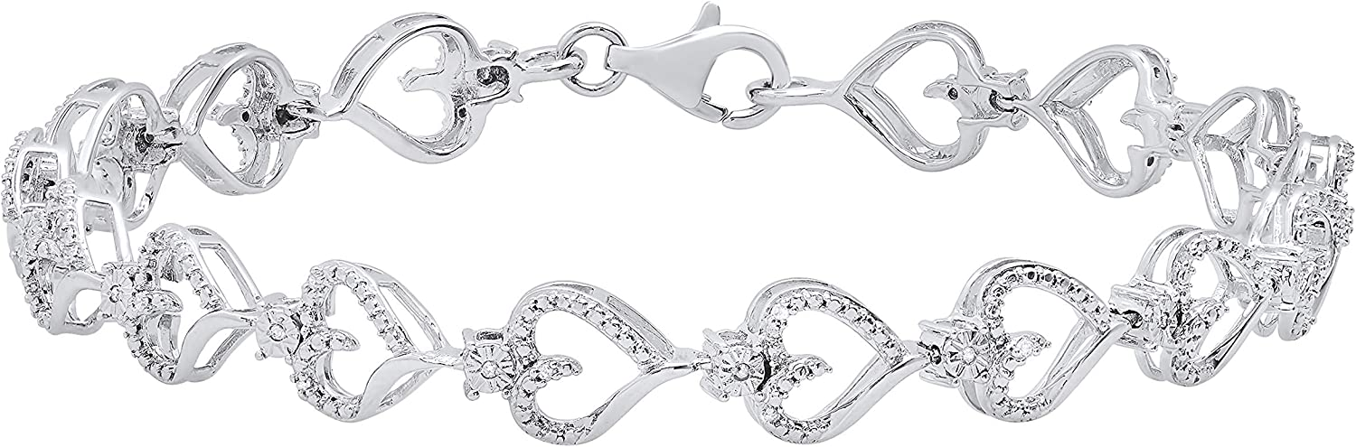 Dazzlingrock Collection Ladies Fashion Heart Tennis Chain Bracelet with 0.13 Carat (ctw) Round White Diamonds in 10K/14K/18K Gold and Sterling Silver